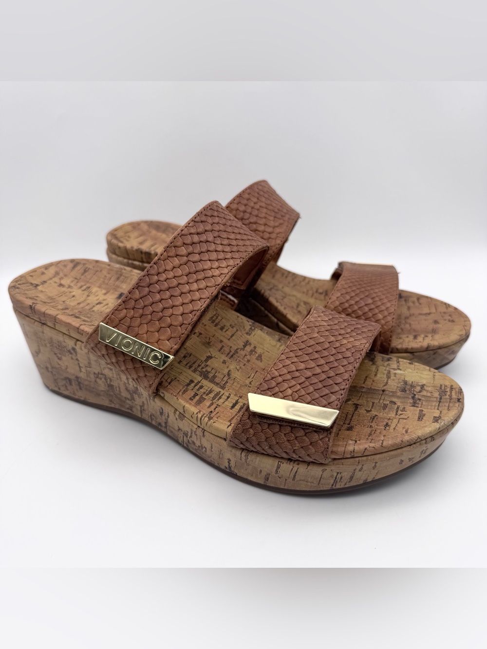 Vionic Pepper Brown Snake Print Leather Cork Platform Wedge Sandals Women's 9
